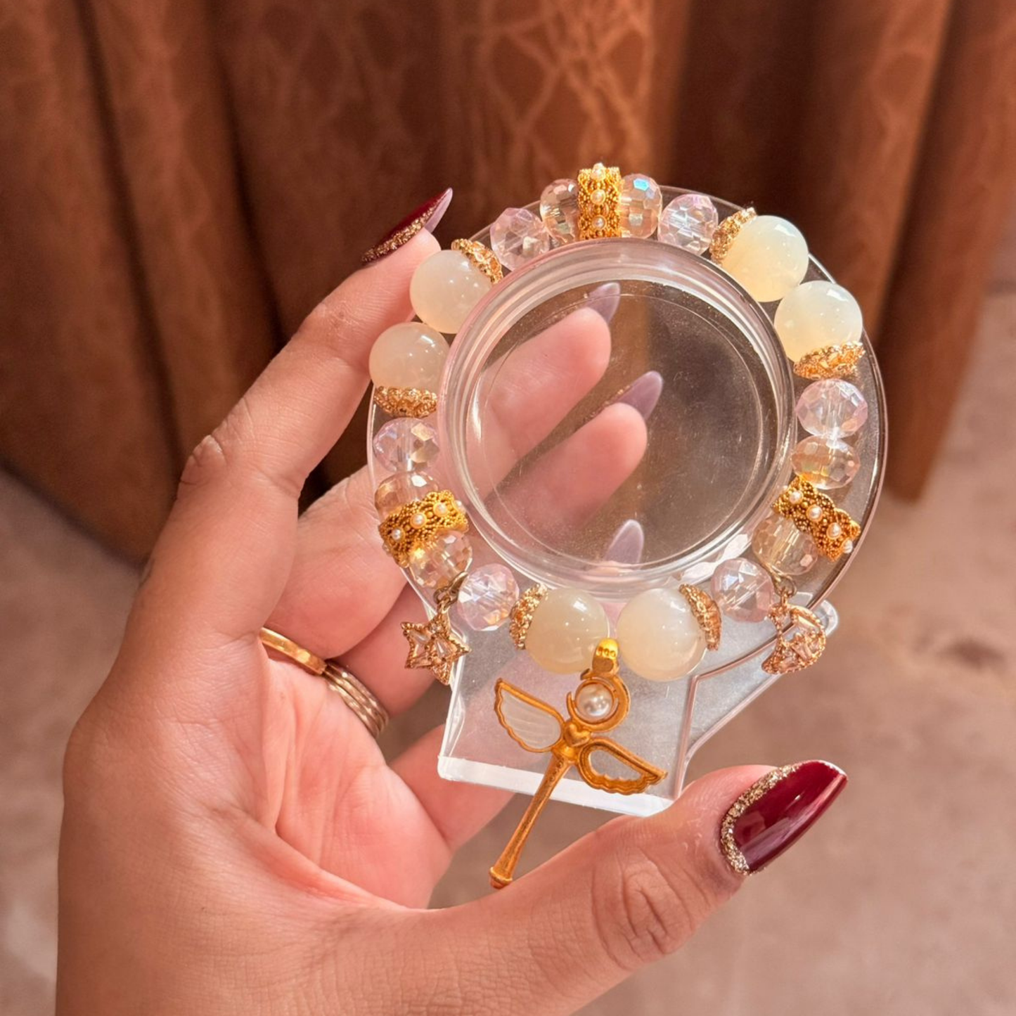 Rose Aura Quartz & Silky Moonstone Bracelet with Angel