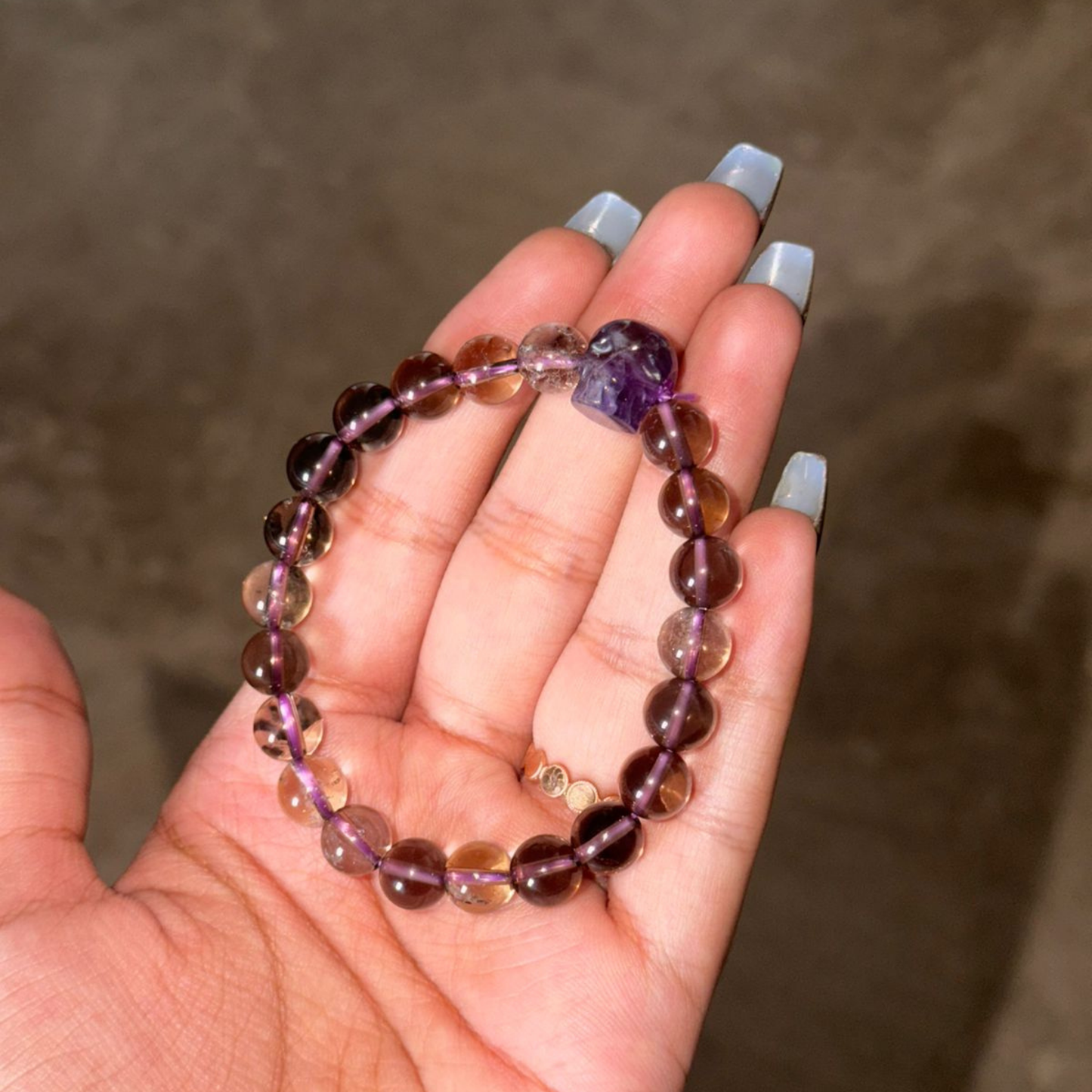 Smoky Quartz & Amethyst Skull Bracelet