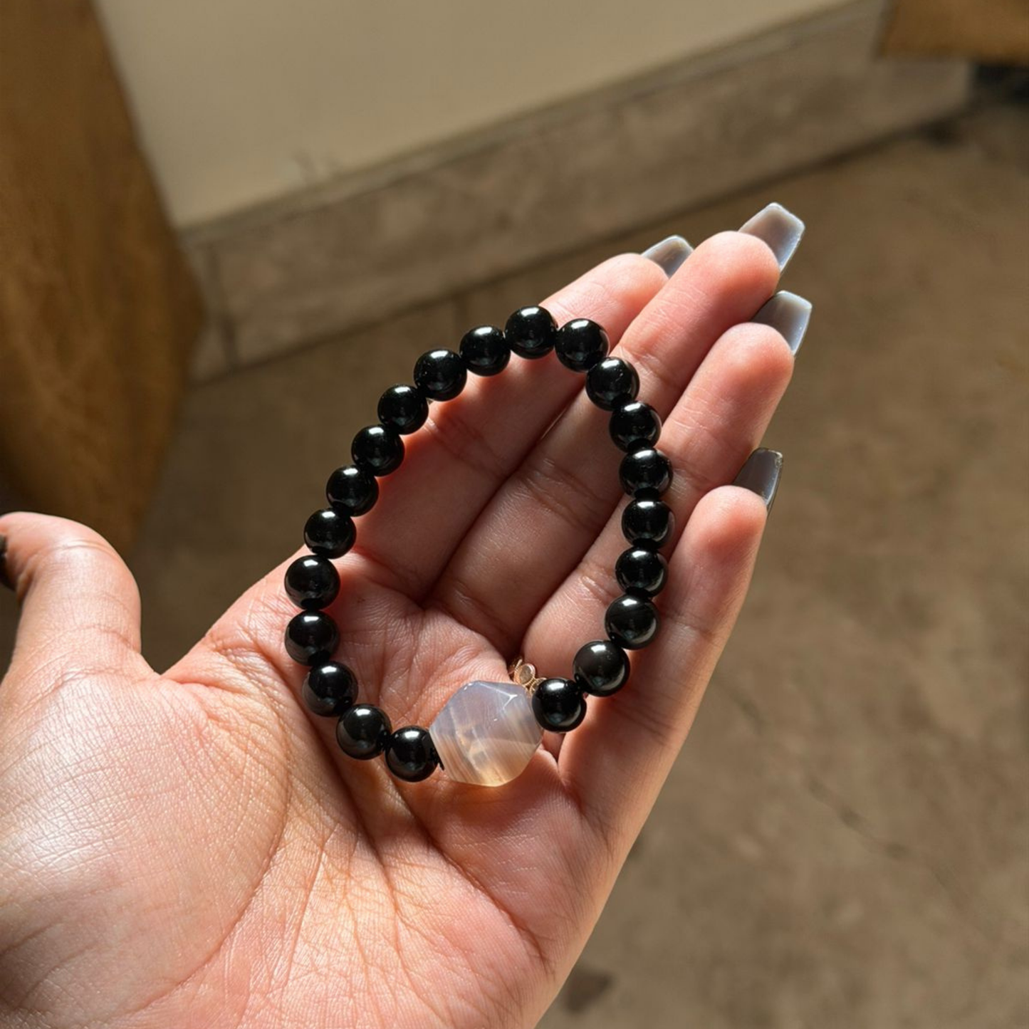 Black Tourmaline & Banded Agate Bracelet