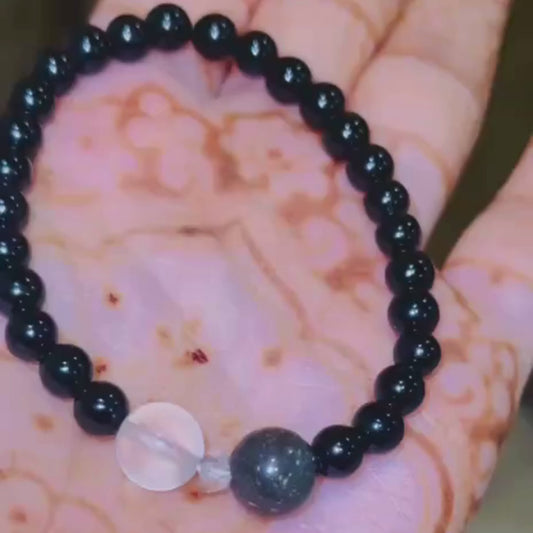 Moonstone & Andamooka Opal on Black Obsidian Bracelet
